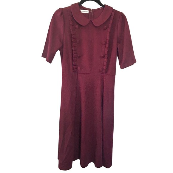 Vintage-Inspired Burgundy Dress With Peter Pan Collar & Button Details sz Large - Picture 1 of 10